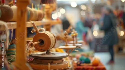 Obscured glimpses of pottery wheels and looms in action as crafters showcase their skills at an indoor show. photo