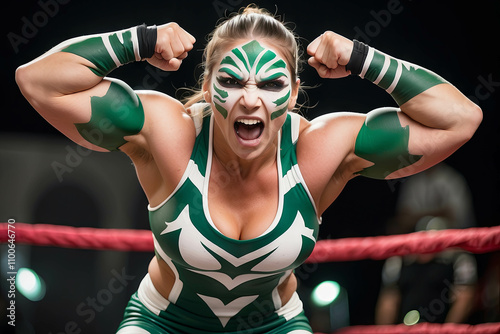 A green and white tribal face paint on an enraged screaming very muscular powerful female human wrestler flexing her muscles