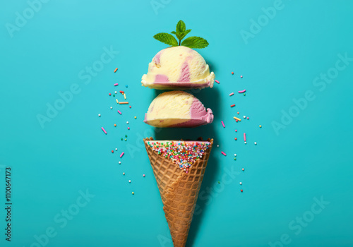 Infographic Design of Ice Cream with Colorful Sprinkles on Minimal Summer Background – Deconstructed Food Styling Concept photo