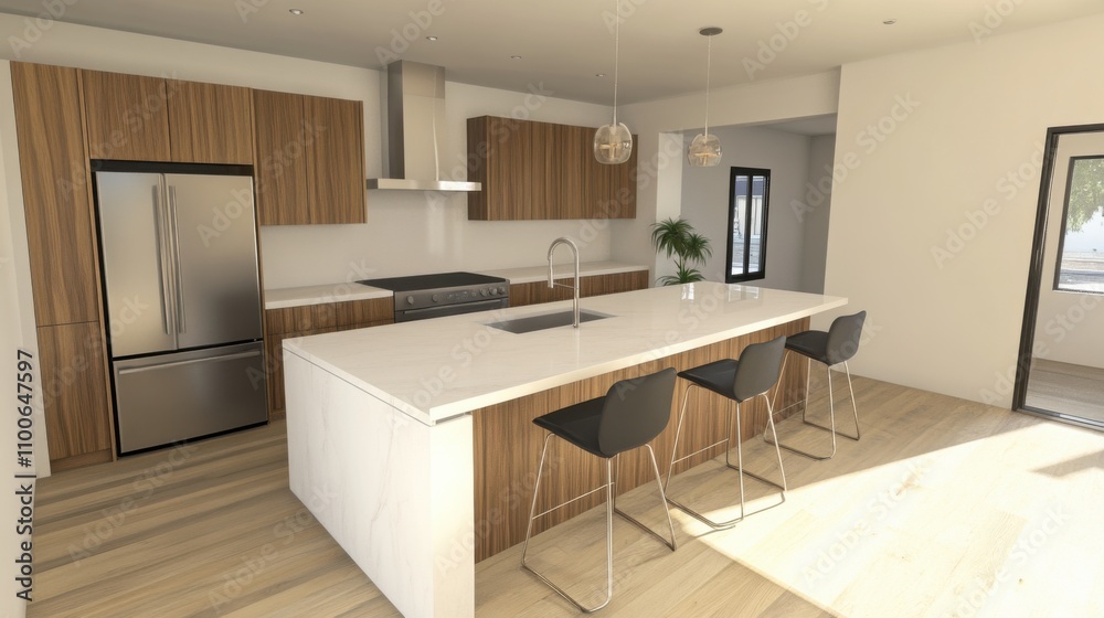 Modern Minimalist Kitchen Design with Elegant Island and Bar Stools Modern Minimalist Kitchen Design with Elegant Island and Bar Stools