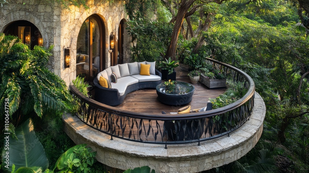 Fototapeta premium Luxurious curved balcony overlooking lush greenery with stone balustrade, wooden deck, and comfortable outdoor seating.