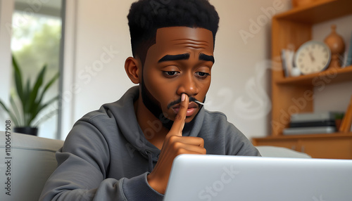 Young african man using laptop at home smelling something stinky and disgusting, intolerable smell, holding breath with fingers on nose. bad smell isolated with white highlights, png photo