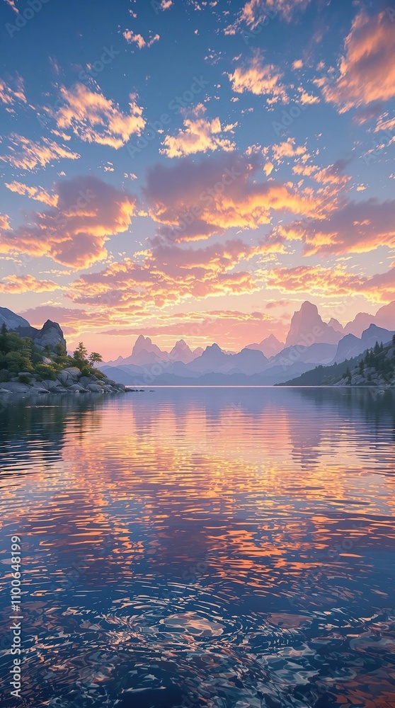 Fototapeta premium A serene lake reflecting a colorful sunset sky, sky, peaceful, nature, reflection, sunset