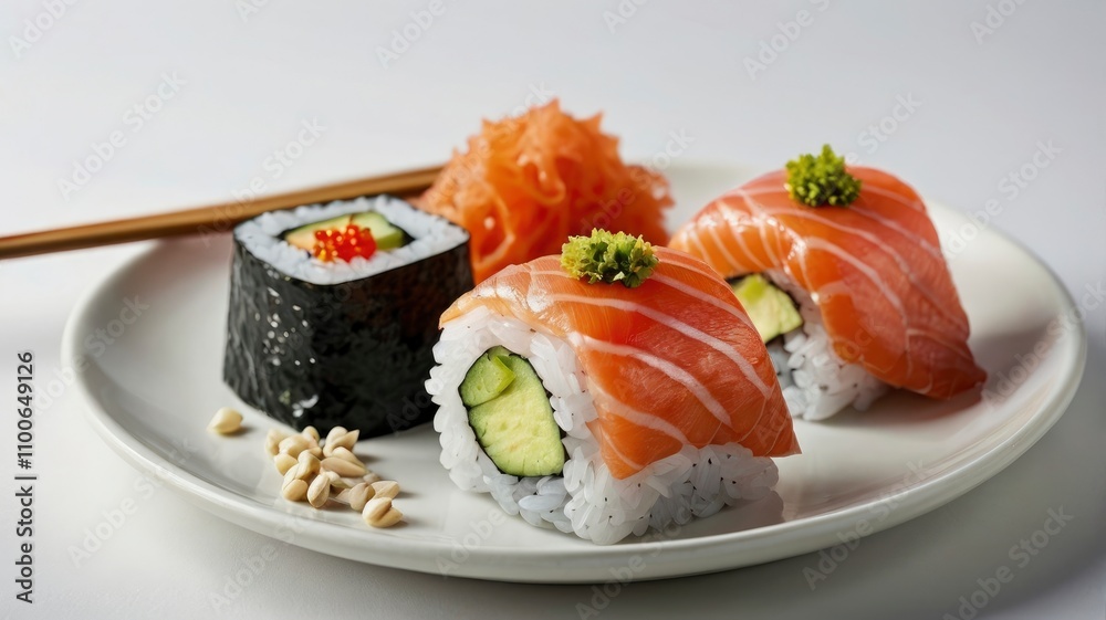 onigiri sushi sashimi inner part with raw salmon and stick on plate isolated on white background onigiri sushi sashimi inner part with raw salmon and stick on plate isolated on white background