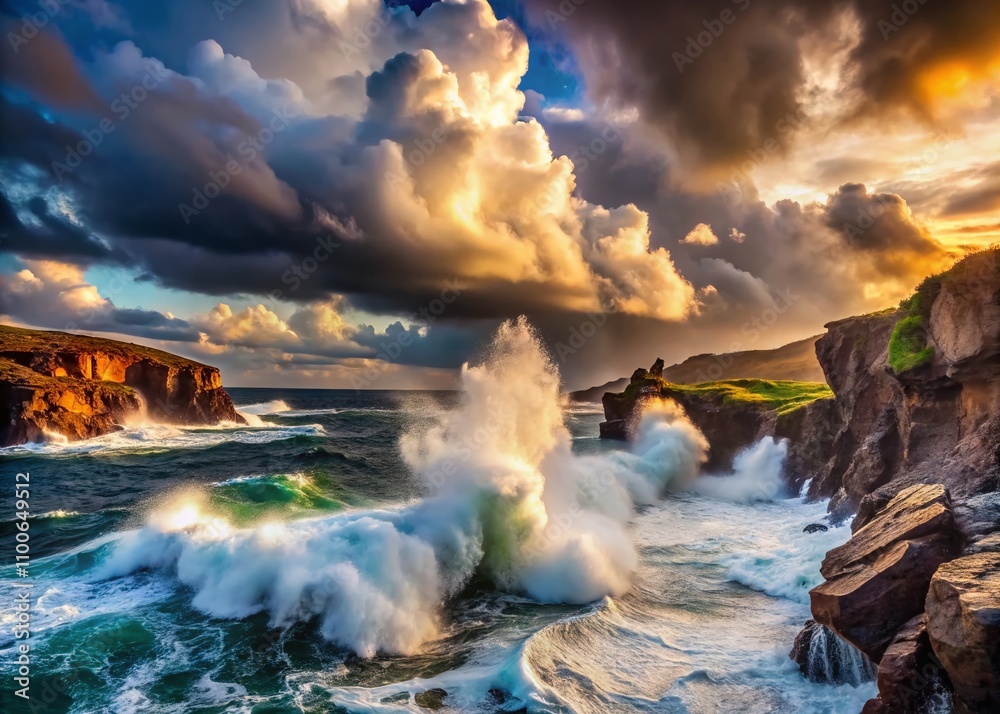 Fototapeta premium Dramatic Sea Waves Crashing During a Storm in the Atlantic Ocean Captured in Conceptual Photography, Showcasing the Power and Turbulence of Nature's Fury
