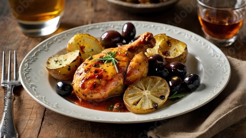 picy Chicken with Baked Potatoes and Olives  photo