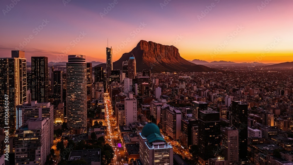 Obraz premium Generative AI, Cityscape at Sunset with Iconic Sandstone Monolith