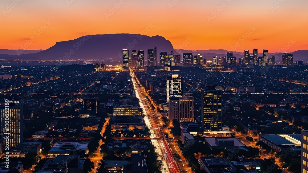 Obraz premium Generative AI, Cityscape at Sunset with Iconic Sandstone Monolith