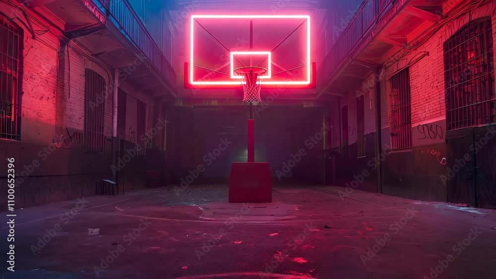 Vibrant neon basketball court with reflections and dramatic lighting