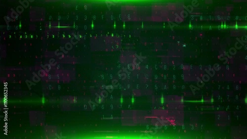 Wallpaper Mural A dynamic animation of a matrix-style code with green characters flickering on a dark background, interspersed with glowing lines and digital effects, creating a futuristic and technological atmospher Torontodigital.ca