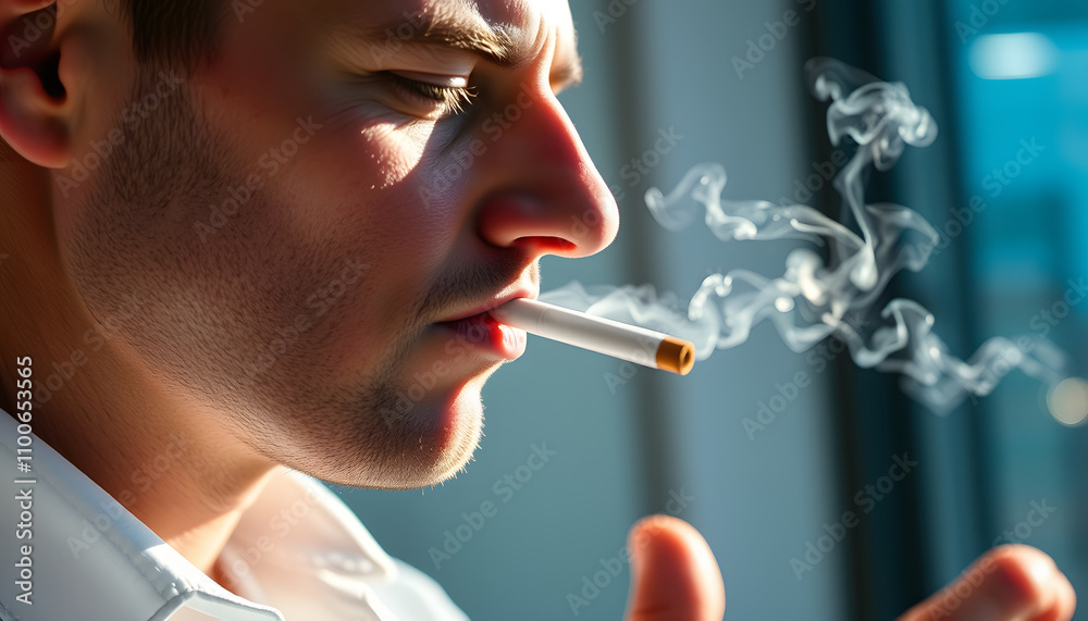 Fototapeta premium close-up man smokes a cigarette in the office near the window. Businessman is a smoker addicted to nicotine. Bad habit of young people. Office worker calms down releasing cigarette smoke isolated wi