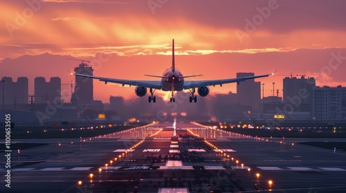 The airplane descended gracefully, its silhouette framed against the fiery hues of the sunset sky.
