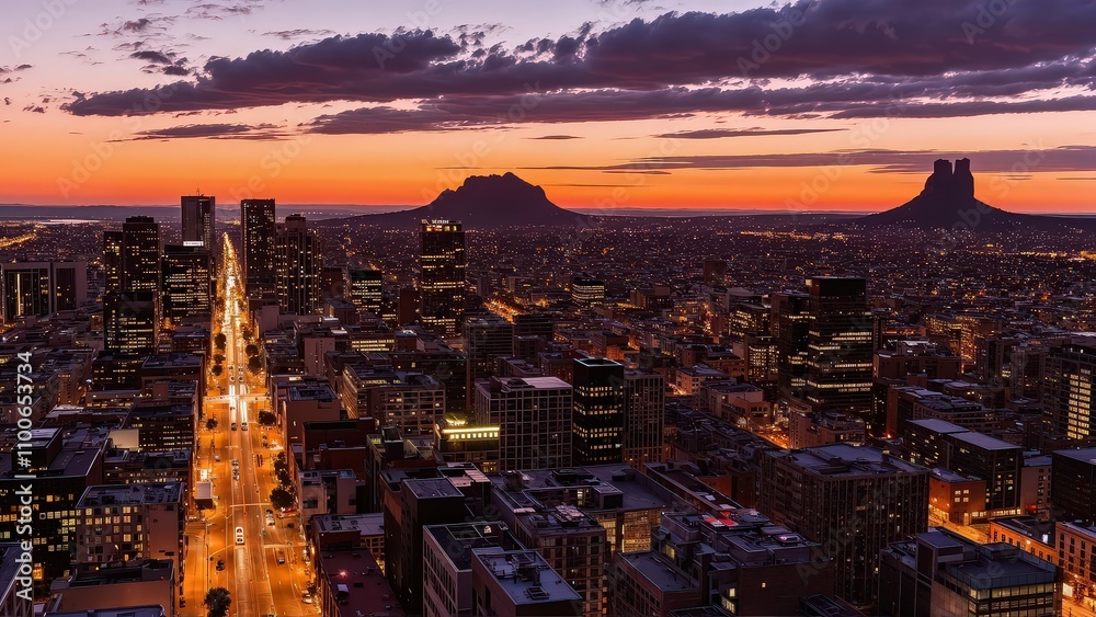 Obraz premium Generative AI, Cityscape at Sunset with Iconic Sandstone Monolith
