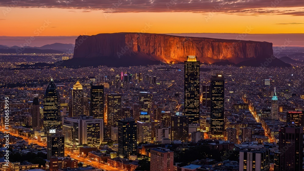 Obraz premium Generative AI, Cityscape at Sunset with Iconic Sandstone Monolith