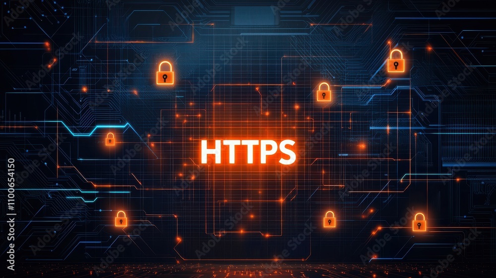 Obraz premium SSL Certificate Integrity Concept Digital security concept with HTTPS and padlock icons on a circuit background