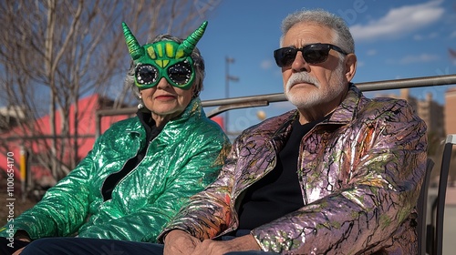 Senior couple wearing eccentric carnival costumes enjoying sunny day