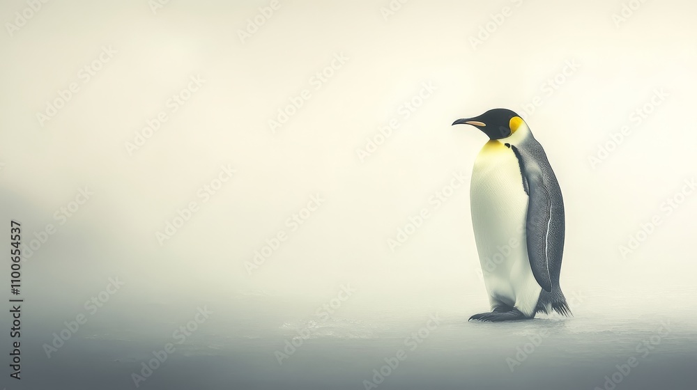 Fototapeta premium Lone Penguin on Shrinking Ice Floe in Soft Lighting