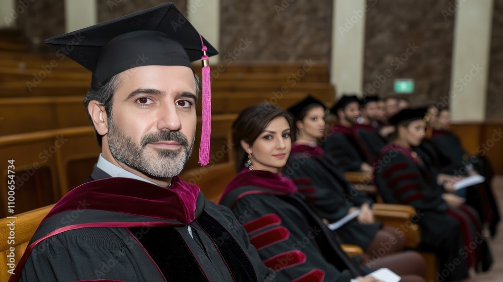 Fototapeta premium Close-up of a handsome man proudly wearing graduation robes, surrounded by fellow graduates during a university graduation ceremony