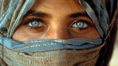 Wallpaper Mural A captivating close-up of a woman's face, with piercing blue eyes visible through her turquoise scarf. The image reveals a sense of intrigue and cultural significance Torontodigital.ca
