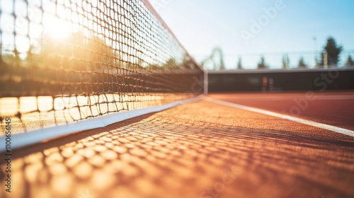 A tennis court with a focus on the baseline and net, outdoor setting with bright sunlight, Minimalist style