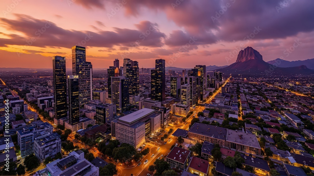 Obraz premium Generative AI, Cityscape at Sunset with Iconic Sandstone Monolith