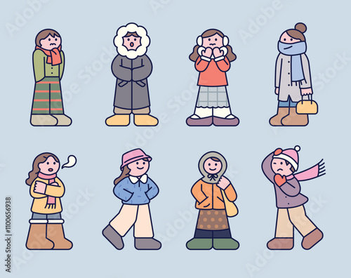 People are walking down the street wearing warm clothes in the cold winter. Cuttiny character with outline.