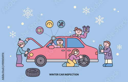 People are checking their cars to prepare for possible car accidents during the cold winter season. Cuttiny character with outline.