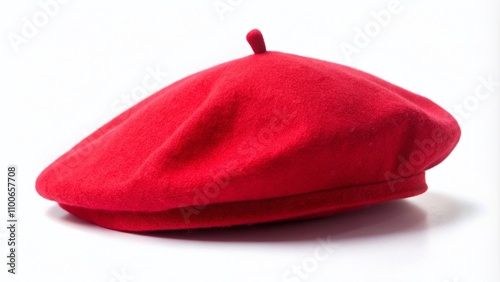 Elegant Low Light Photography of a Red French Cap Beret in Side View, Isolated on White Background, Showcasing Texture and Color Contrast with Soft Shadows