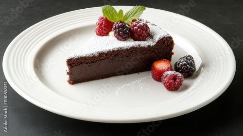 Delicious chocolate cake slice with fresh berries and mint garnish photo