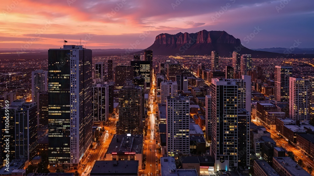 Fototapeta premium Generative AI, Cityscape at Sunset with Iconic Sandstone Monolith
