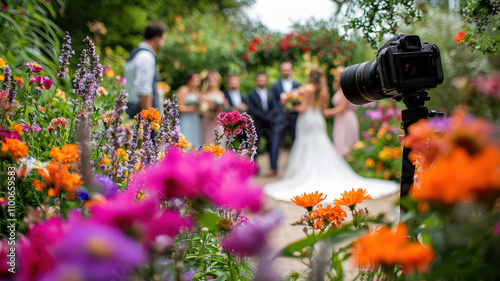 A wedding photographer orchestrates a joyful group photo of the bridal party in a lush outdoor garden. Vibrant flowers create a colorful backdrop, capturing the essence of the celebration and happines