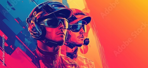 Racing drivers portrait, vibrant colors, dynamic design, helmets, sunglasses, motorsport, teamwork, adrenaline, competition, speed, energy, excitement photo