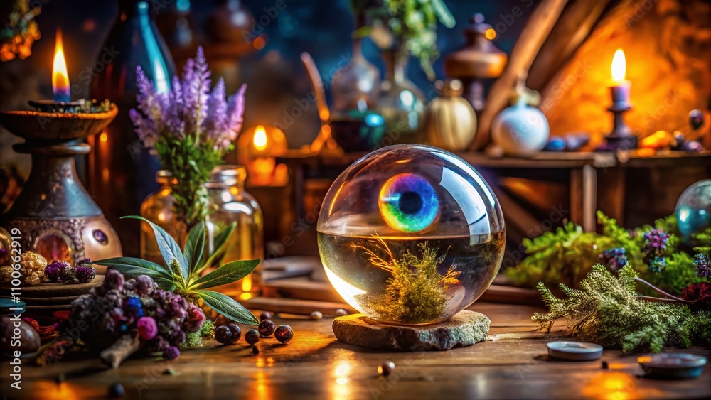 Enchanted Witch's Workspace Featuring a Magical Crystal Ball, Potions, and Herbs in a Long Exposure Atmosphere of Mystery and Intrigue Enchanted Witch's Workspace Featuring a Magical Crystal Ball, Potions, and Herbs in a Long Exposure Atmosphere of Mystery and Intrigue