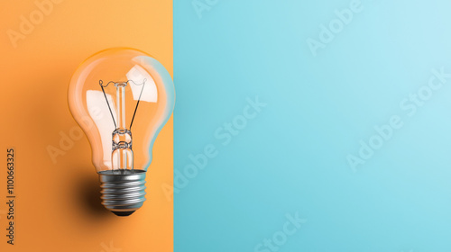 single lightbulb on vibrant orange and blue background, symbolizing creativity and innovation. contrasting colors highlight bulb simplicity and elegance, evoking sense of inspiration