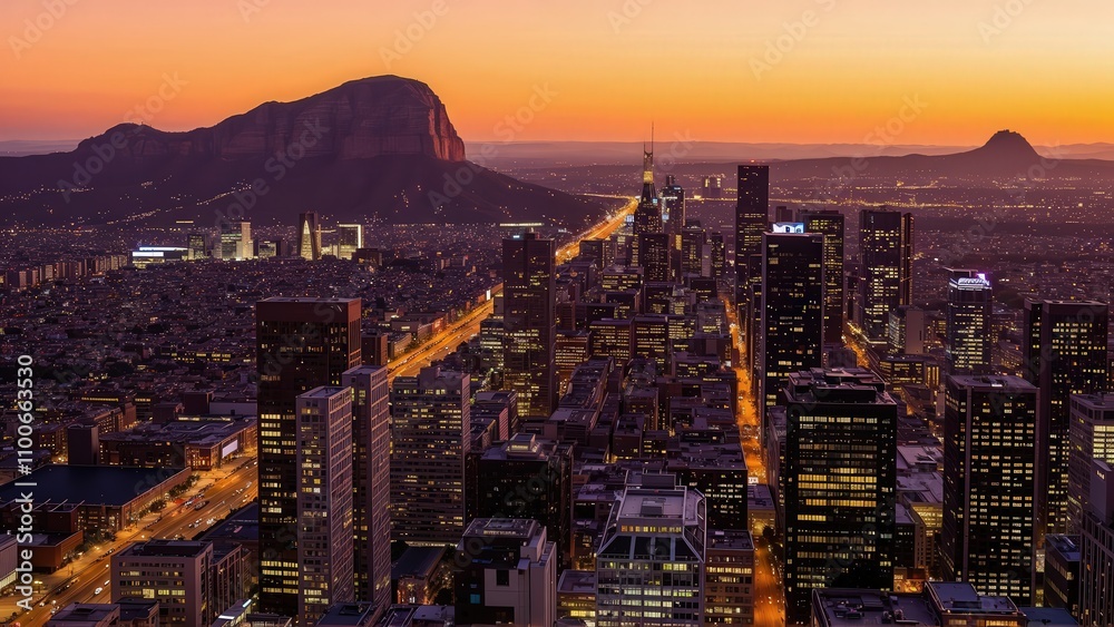 Naklejka premium Generative AI, Cityscape at Sunset with Iconic Sandstone Monolith