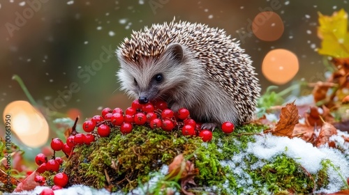 European hedgehog feasting on red berries on a snowy mossy patch, with a soft bokeh effect creating a magical winter scene photo