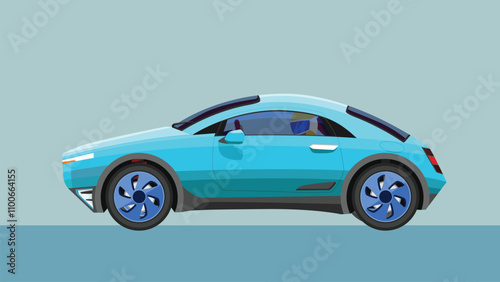 Concept vector illustration of detailed side of a flat soft blue sport car. with shadow of car on reflected from the ground below. can view interior of car with racing Driver. Blue background.