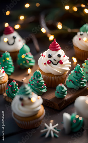 Christmas cupcakes with decorations and lights on dark background, closeup
