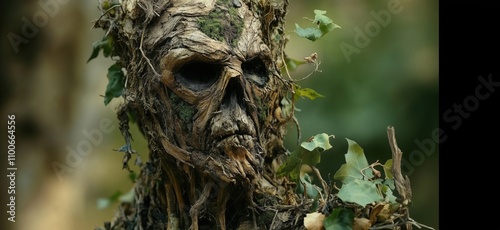 Wooden humanoid figure with ivy and moss, eerie expression, detailed bark-like texture, forest background photo