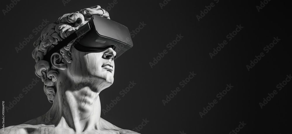 David statue wearing virtual reality headset, modern meets classical art, juxtaposition of technology and sculpture