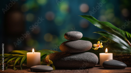 A luxurious spa setting featuring a serene bathroom ambiance, massage stones, soft candlelight, and elements of relaxation such as a soothing bath.