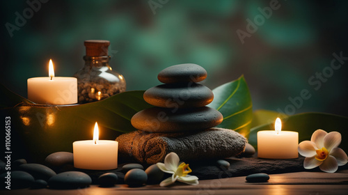 A luxurious spa setting featuring a serene bathroom ambiance, massage stones, soft candlelight, and elements of relaxation such as a soothing bath.
