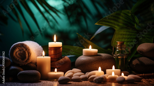 
A luxurious spa setting featuring a serene bathroom ambiance, soft candlelight, and elements of relaxation such as a massage and soothing bath.