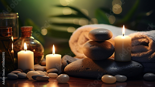 A luxurious spa setting featuring a white towel, a serene bathroom ambiance, soft candlelight, and elements of relaxation such as a massage and soothing bath.