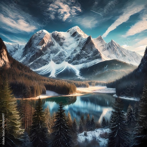 Snow-Covered Mountain with Reflective Lake and Evergreen Forest
