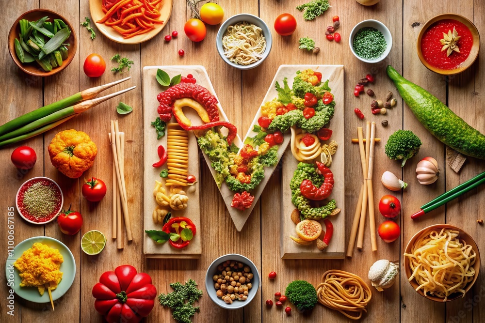 Fototapeta premium Exquisite Food Photography Featuring the Chinese Dragon Alphabet Letter M, Capturing Culinary Artistry and Cultural Heritage with Vibrant Colors and Intricate Details