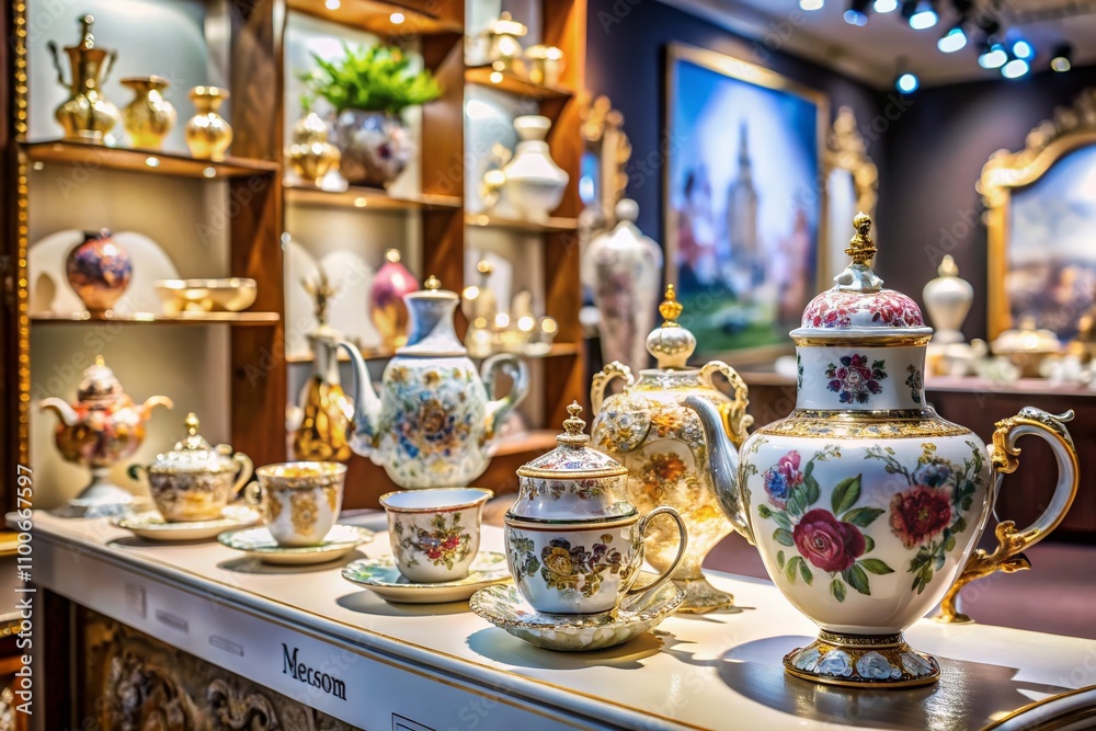 Fototapeta premium Exquisite Meissen Porcelain Art: Unique Collectible Pieces Reflecting Royal Style and High Artistic Level in a Beautiful Display Setting with Ample Copy Space