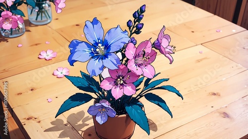 Close-up of a flower larkspur on a wooden table background, pastel anime style