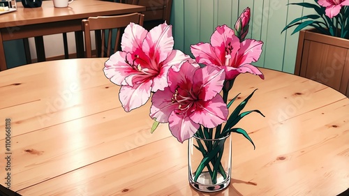 Close-up of a flower gladiolus on a wooden table background, pastel anime style