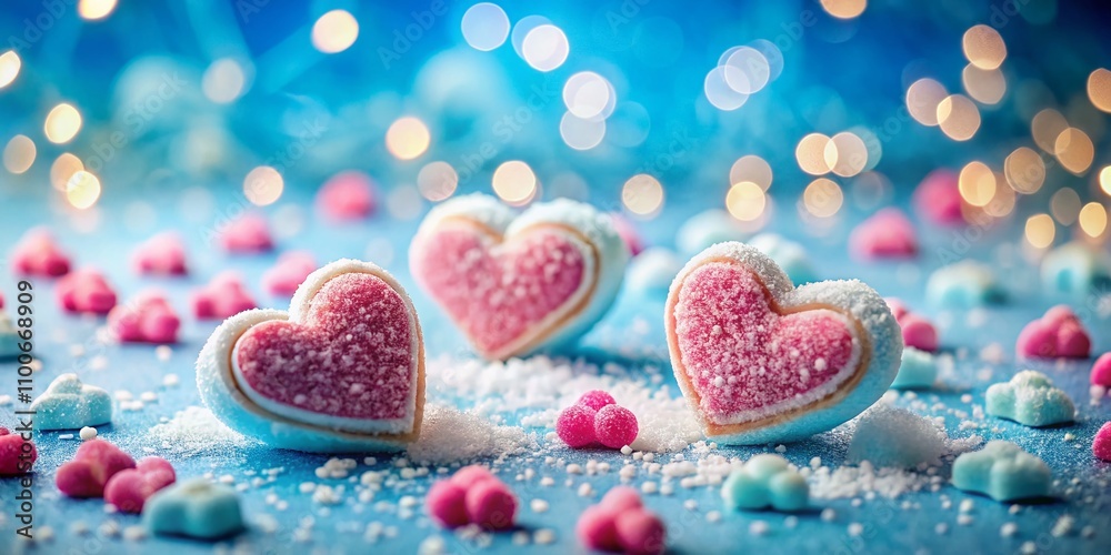 Obraz premium Festive Blue Background with Heart-Shaped Sugar Decorations Perfect for Valentine's Day Celebrations and Text Insertion, Ideal for Romantic Posts and Invitations